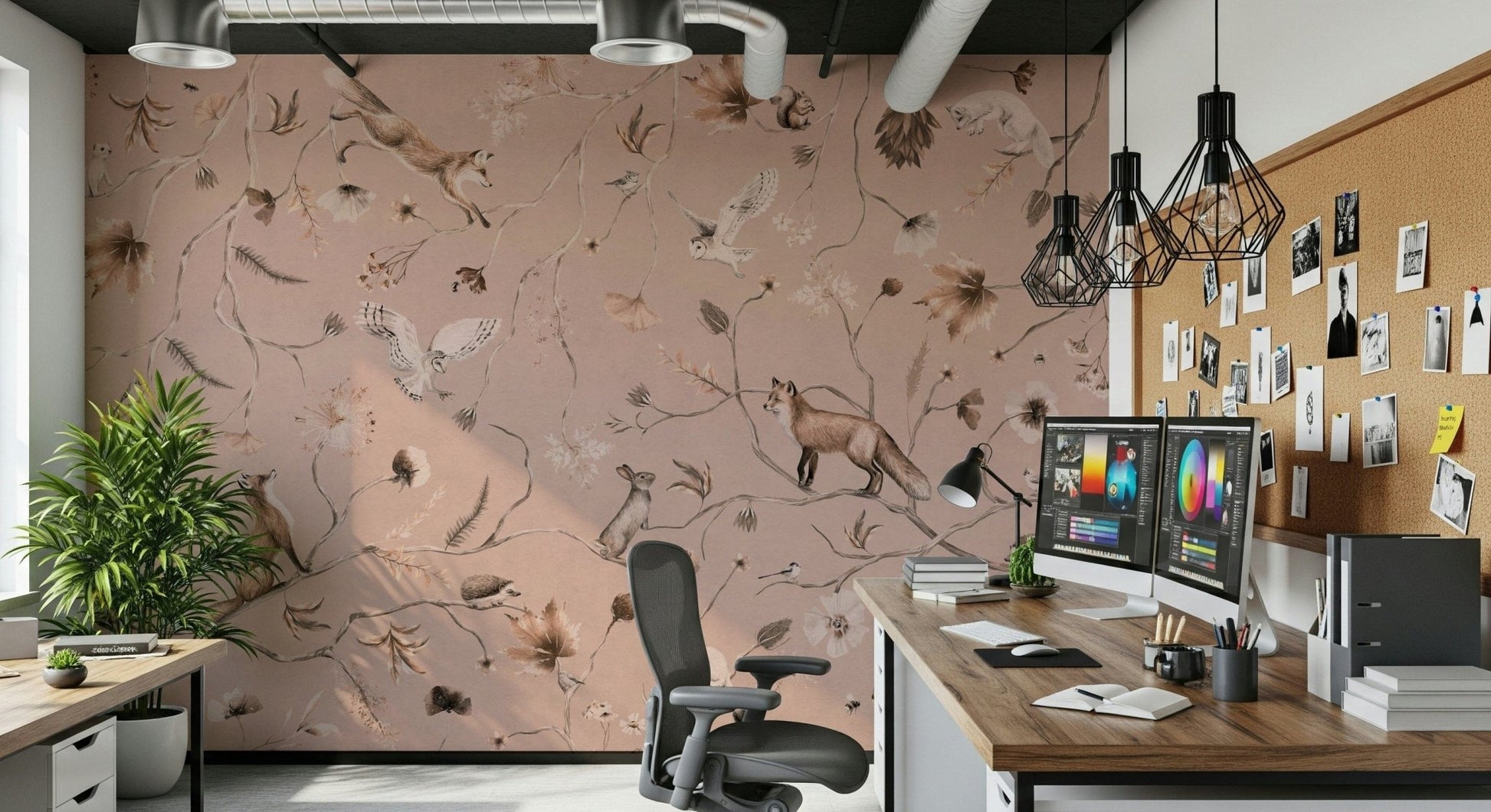 Elegant woodland mural with trees, greenery, and a peaceful forest atmosphere