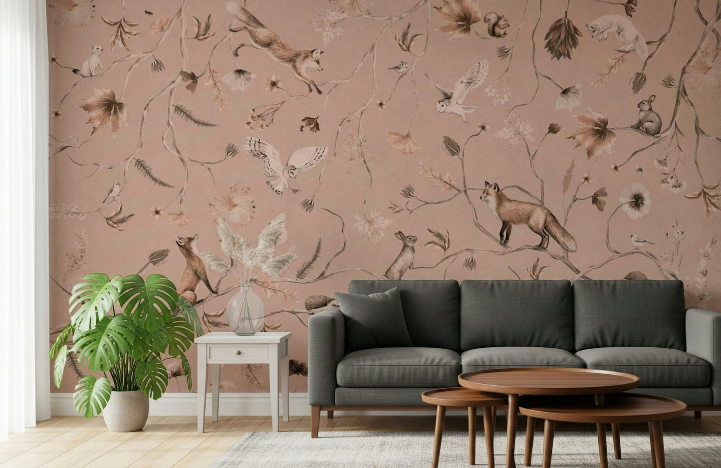 Artistic wall mural showcasing a quiet forest scene with dense trees