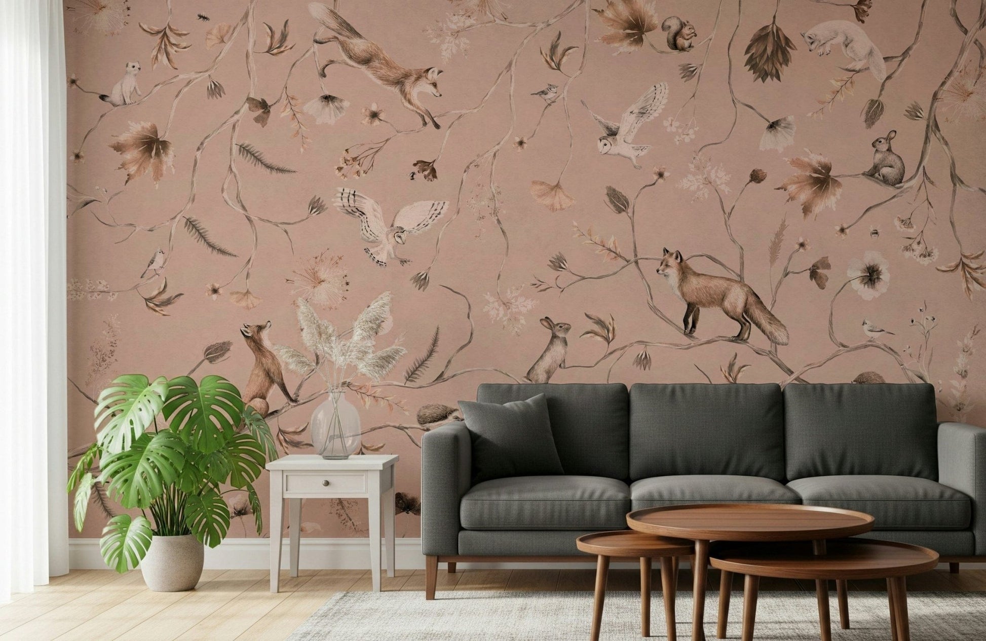 Artistic wall mural showcasing a quiet forest scene with dense trees