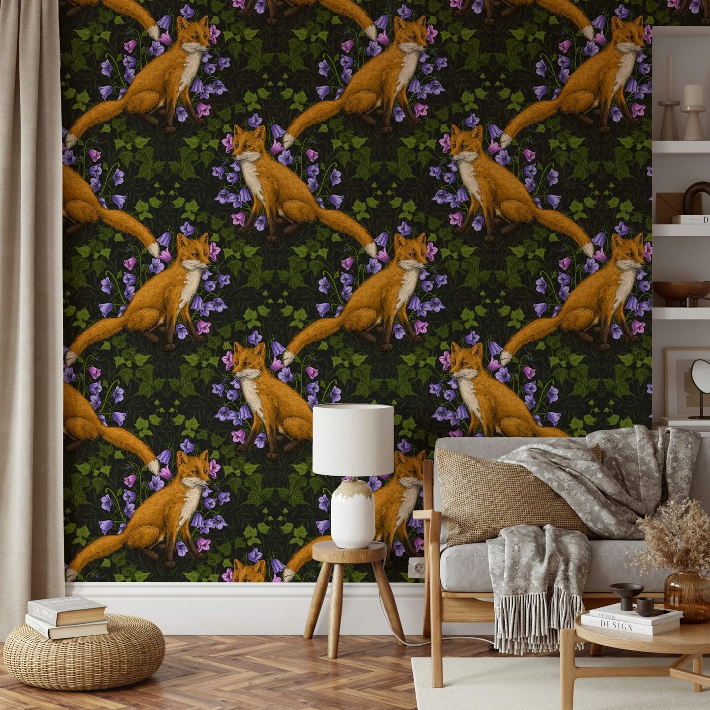 Forest Fox and Ivy Wallpaper – Whimsical, serene mural with foxes and intertwining ivy patterns.