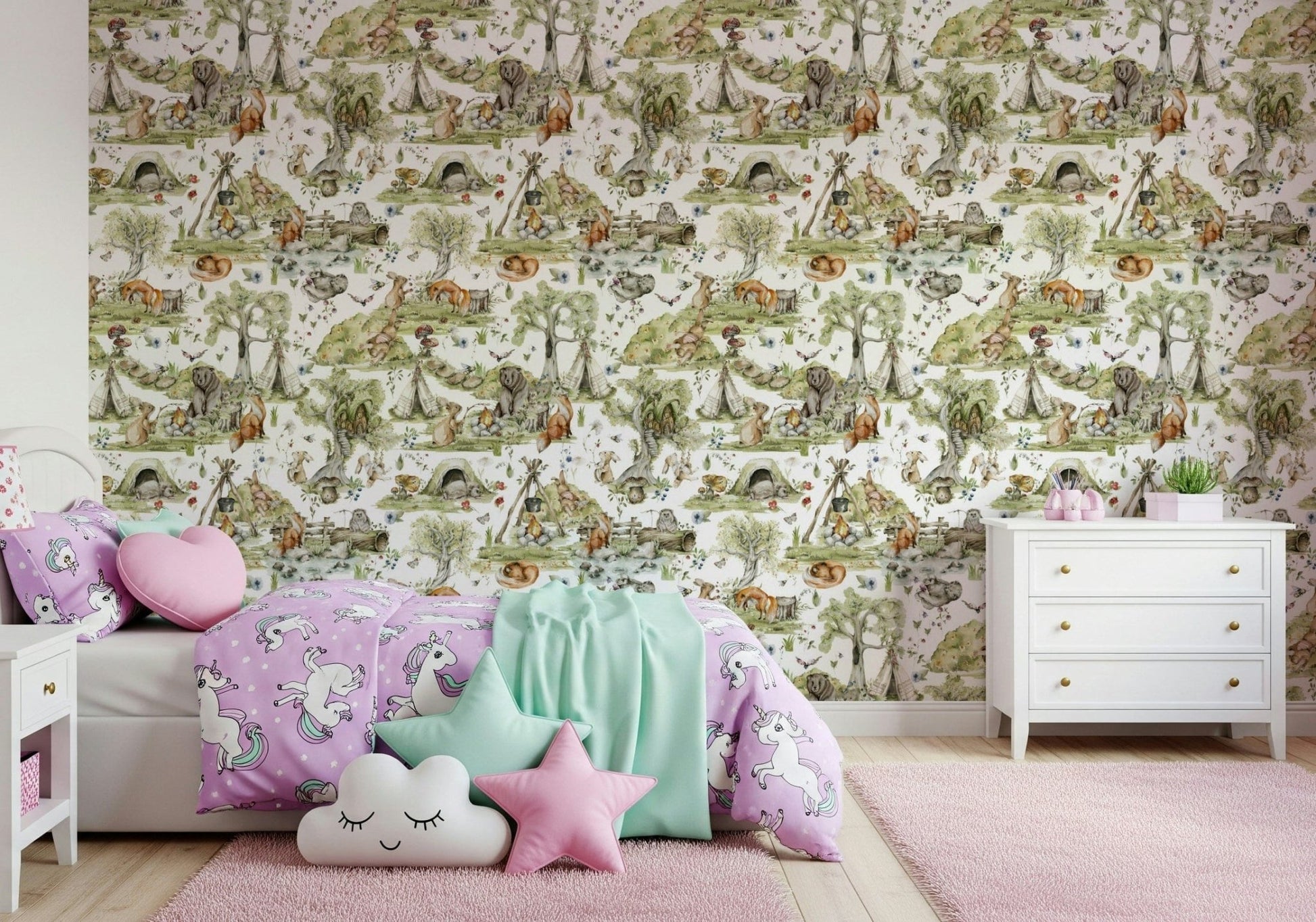 Enchanted Woodland Wonders wall mural: Fantasy treehouse, soft colors, serene mood.