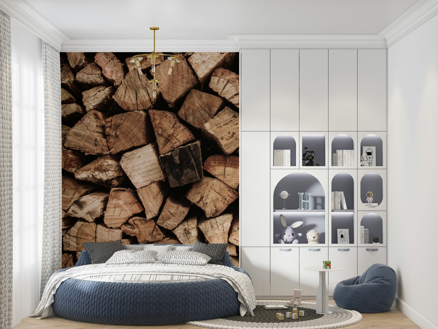 Woodpile Texture wallpaper mural of stacked logs above a round blue bed in a white kids bedroom
