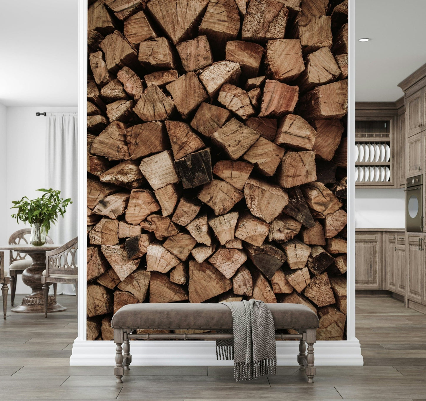 Woodpile Texture wallpaper mural of stacked firewood logs behind a beige bench in a transitional living space