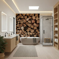 Woodpile Texture wallpaper mural of stacked logs behind a freestanding tub in a bright bathroom