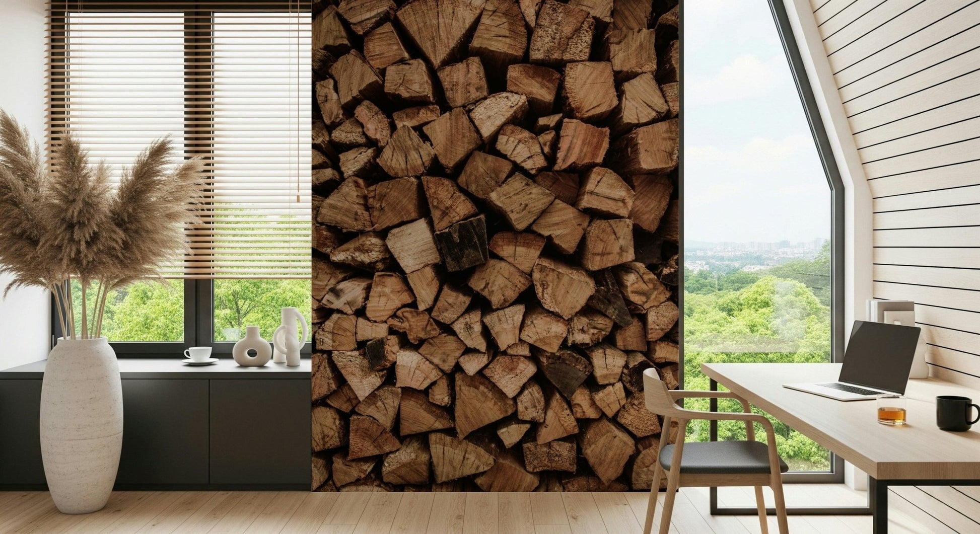 Woodpile Texture wallpaper mural of stacked firewood in a home office with a desk, laptop and green window view