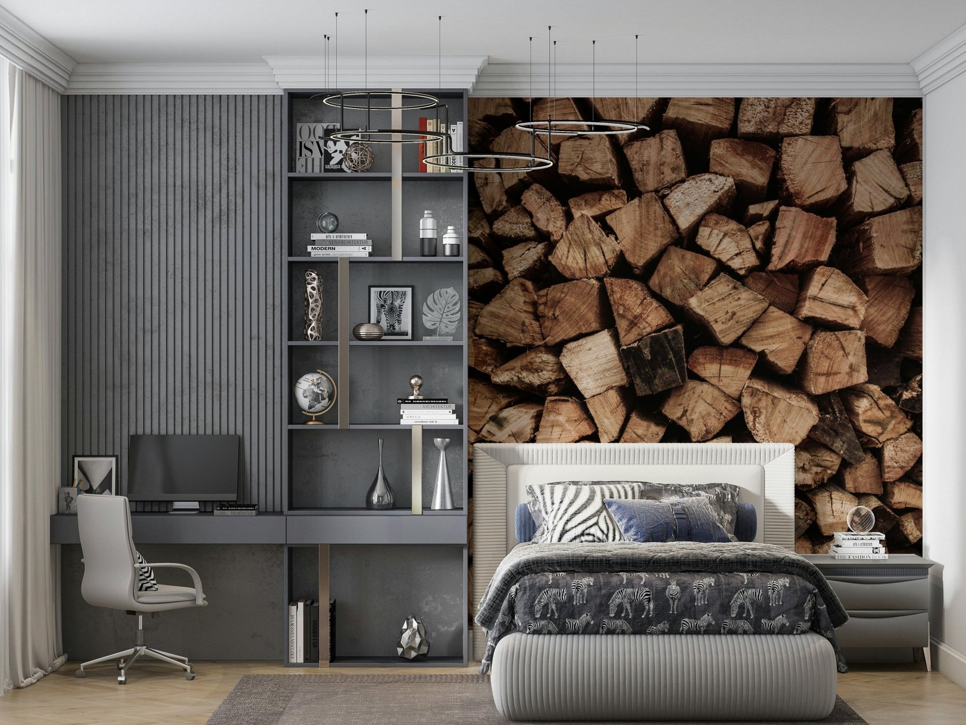Woodpile Texture wallpaper mural of brown firewood above a bed in a grey bedroom and home office
