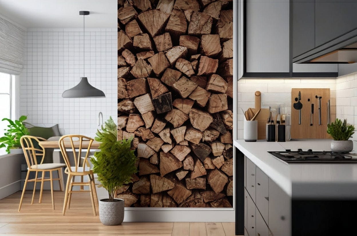Woodpile Texture wallpaper mural of firewood between a white dining nook and a grey kitchen