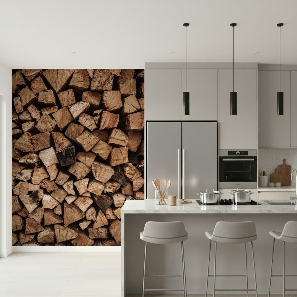 Woodpile Texture wallpaper mural of stacked firewood in a modern grey kitchen with island and bar stools