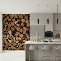 Woodpile Texture wallpaper mural of stacked firewood in a modern grey kitchen with island and bar stools