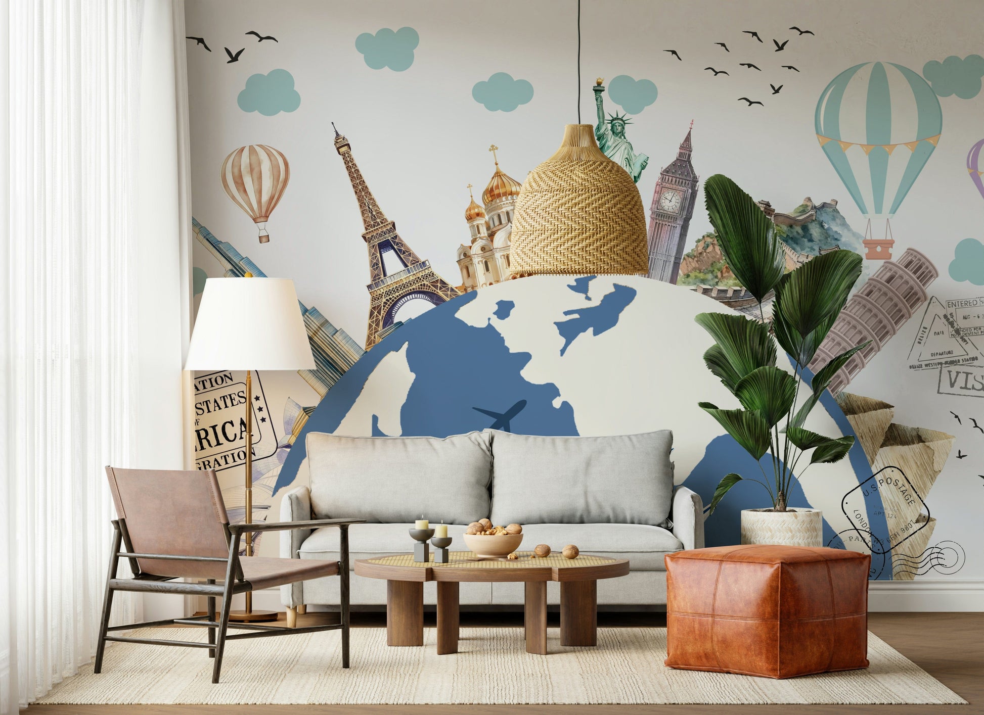 Close up of World Tour Wall Mural labels and antique style cartography.