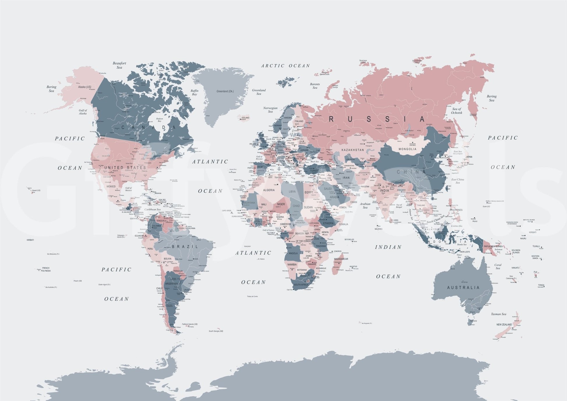 World Map Blush Pink and Indigo wallpaper mural shown full-wall with labeled continents in pink and slate tones