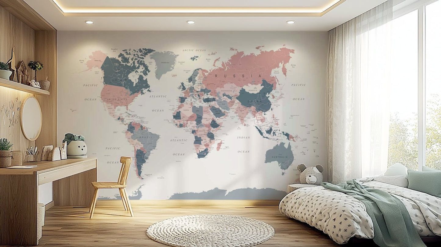 World Map Blush Pink and Indigo wallpaper mural in a kids bedroom with a wood desk and green-throw bed