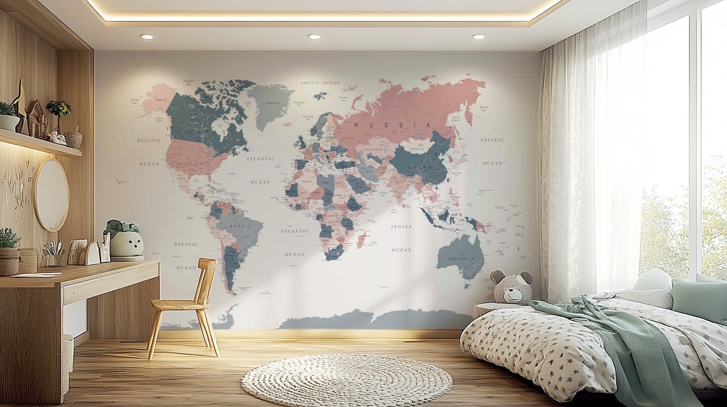 World Map Blush Pink and Indigo wallpaper mural in a kids bedroom with a wood desk and green-throw bed