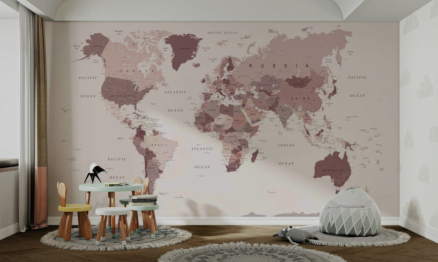 Blush pink cranberry world map mural

