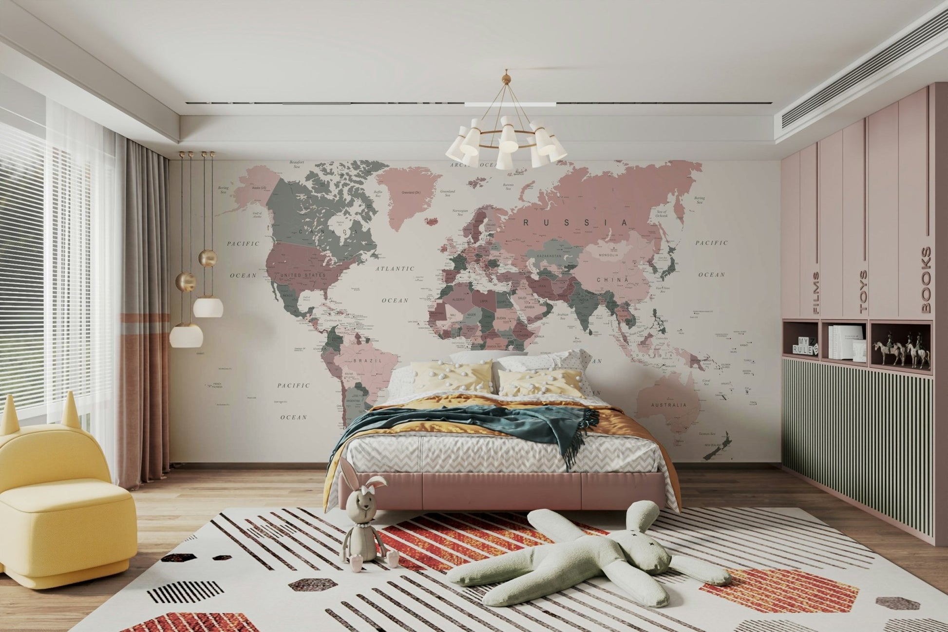 Blush and green world atlas mural

