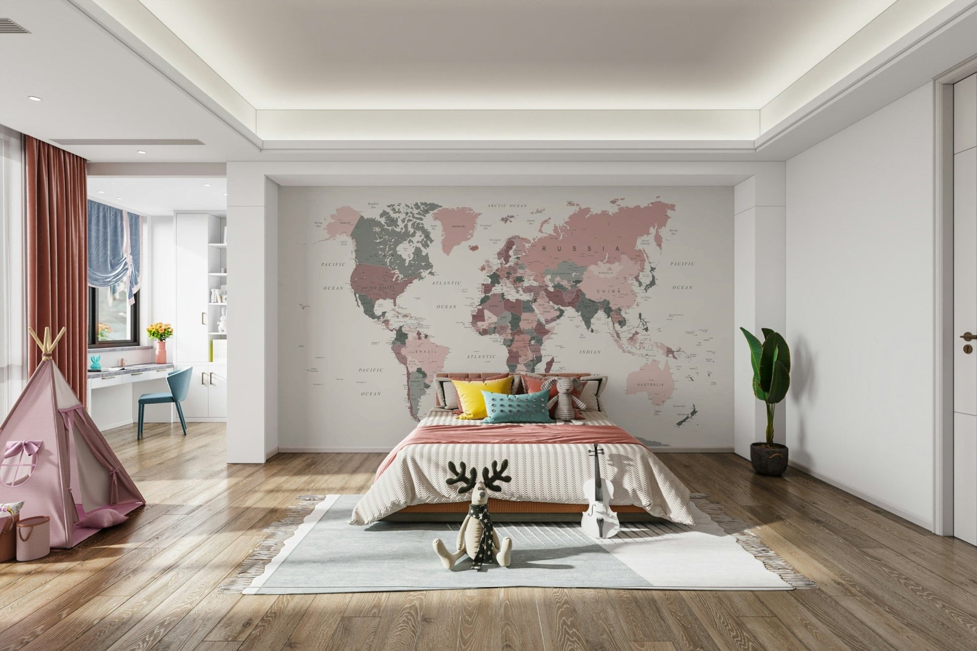 Feminine world map wall design


