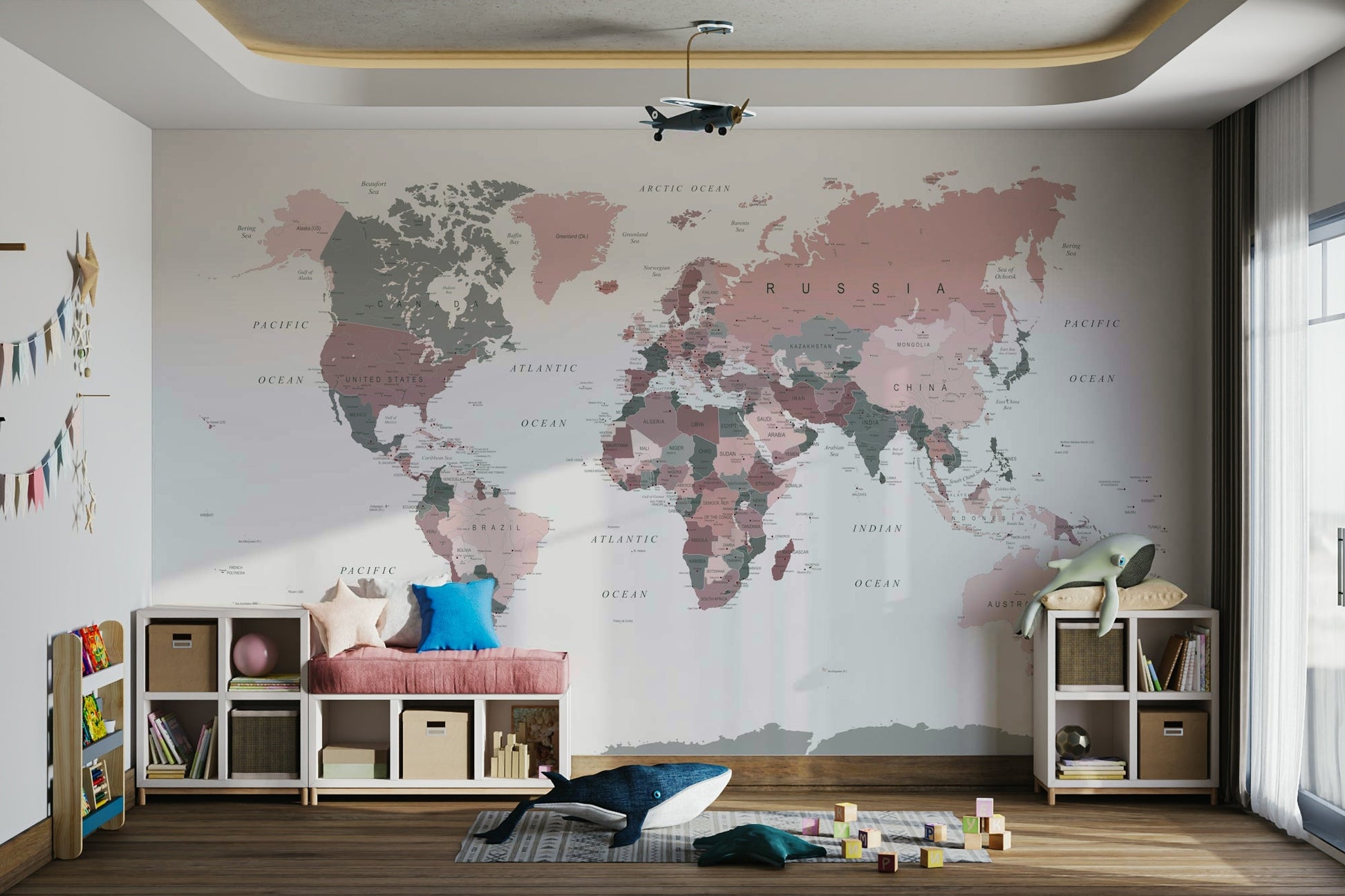 Blush pink and sage green world map mural

