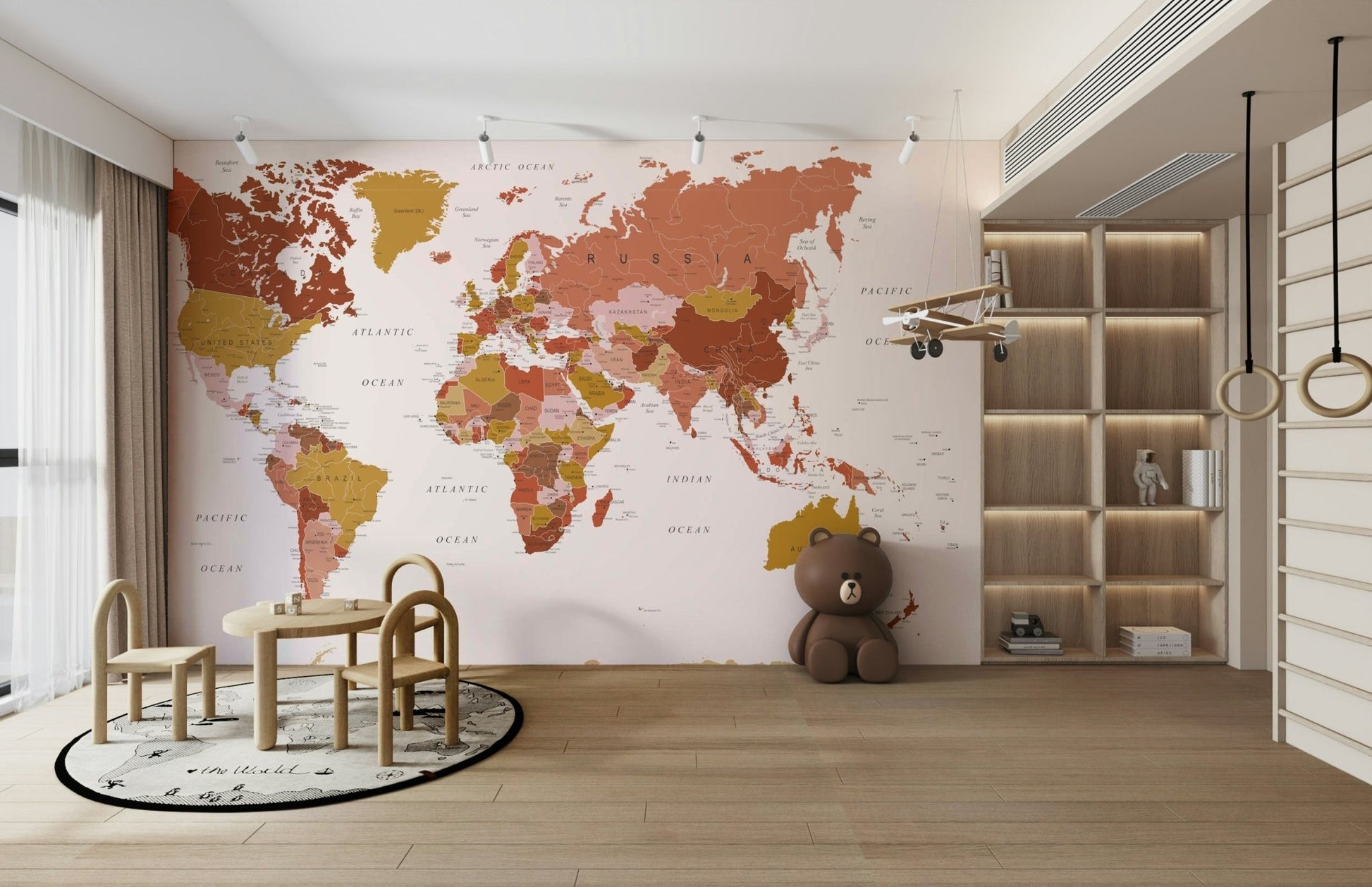 Travel-themed room featuring map wall mural

