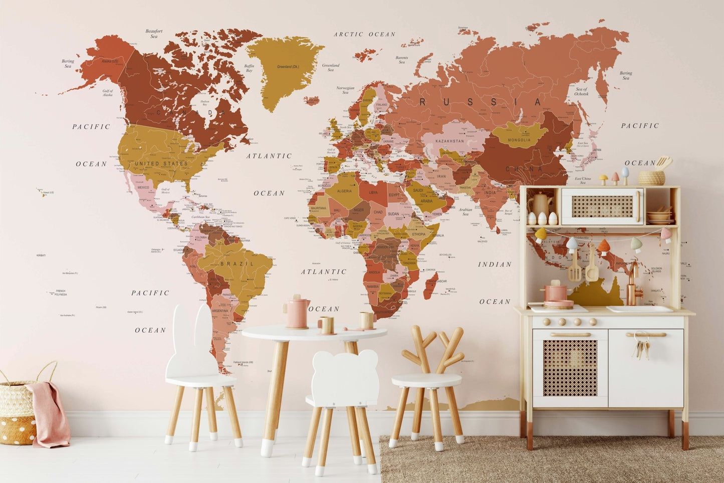 Global map wall design with vintage-style tones

