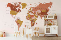 Global map wall design with vintage-style tones

