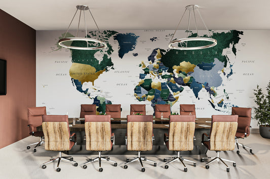 Green and blue world map wall mural design


