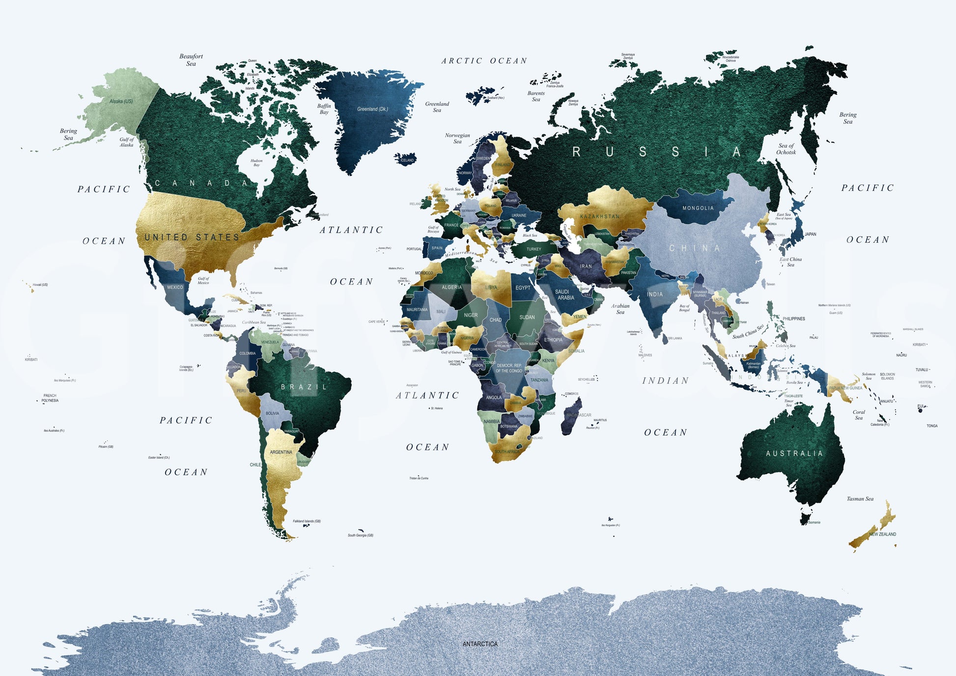 World Map Green Blue wallpaper mural shown as a full-wall mural with green and blue continents and gold-leaf country accents