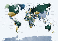 World Map Green Blue wallpaper mural shown as a full-wall mural with green and blue continents and gold-leaf country accents