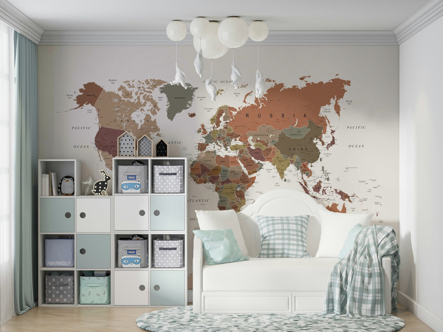 Geography mural with neutral shades

