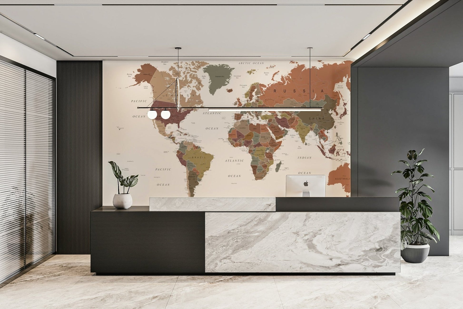 Travel theme mural in earthy hues


