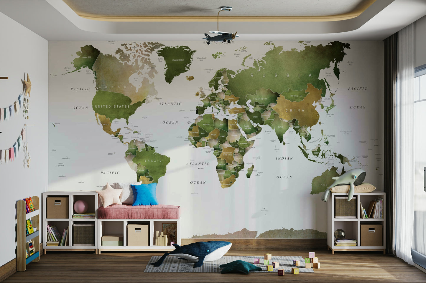 Geographical world map design in green hues

