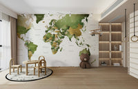 World map mural in vibrant green tones

