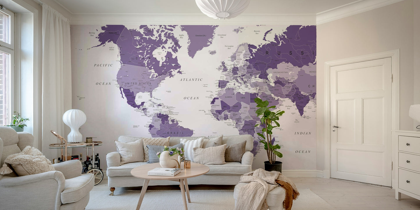 Geographical world map design in purple hues

