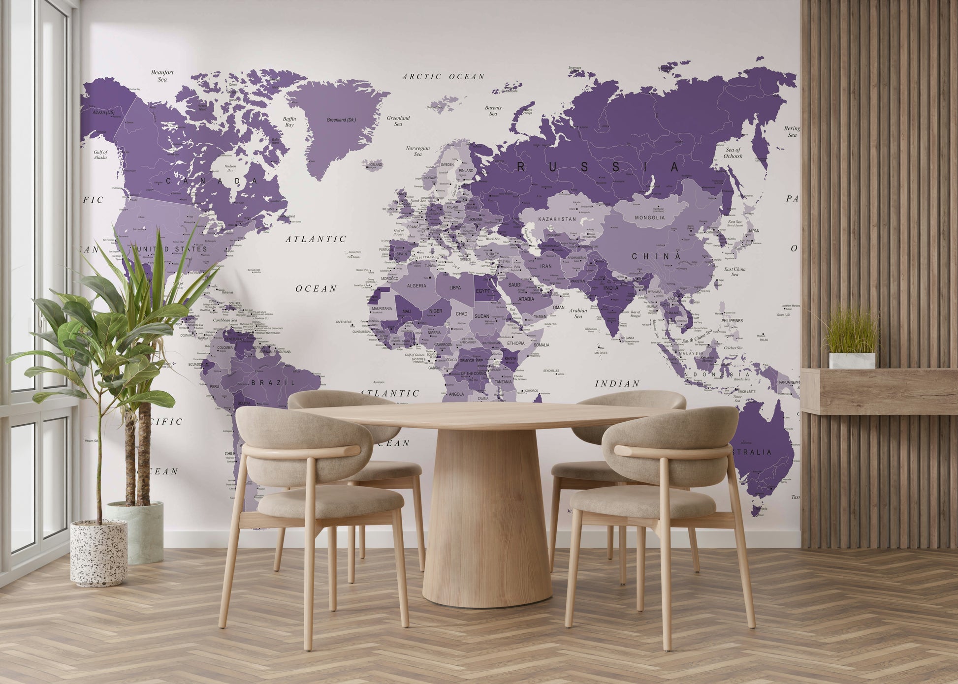 Purple world map mural for stylish interiors

