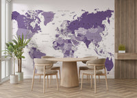 Purple world map mural for stylish interiors

