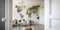 World map design with olive green accents

