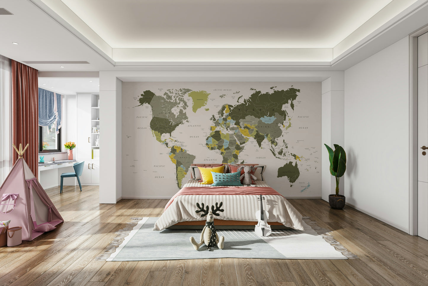 Elegant olive green world map wall art

