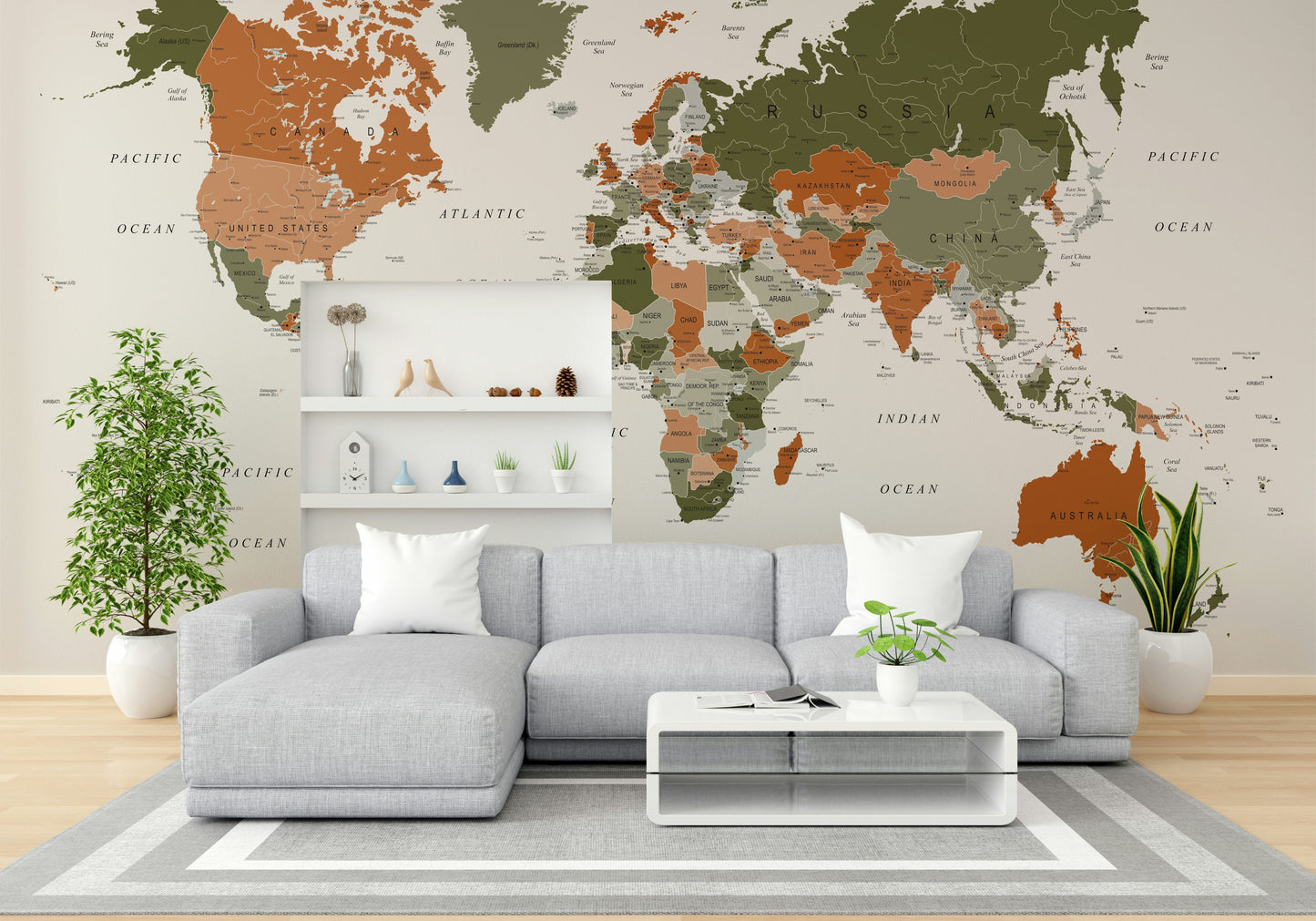 World Map Olive Green Wall Mural