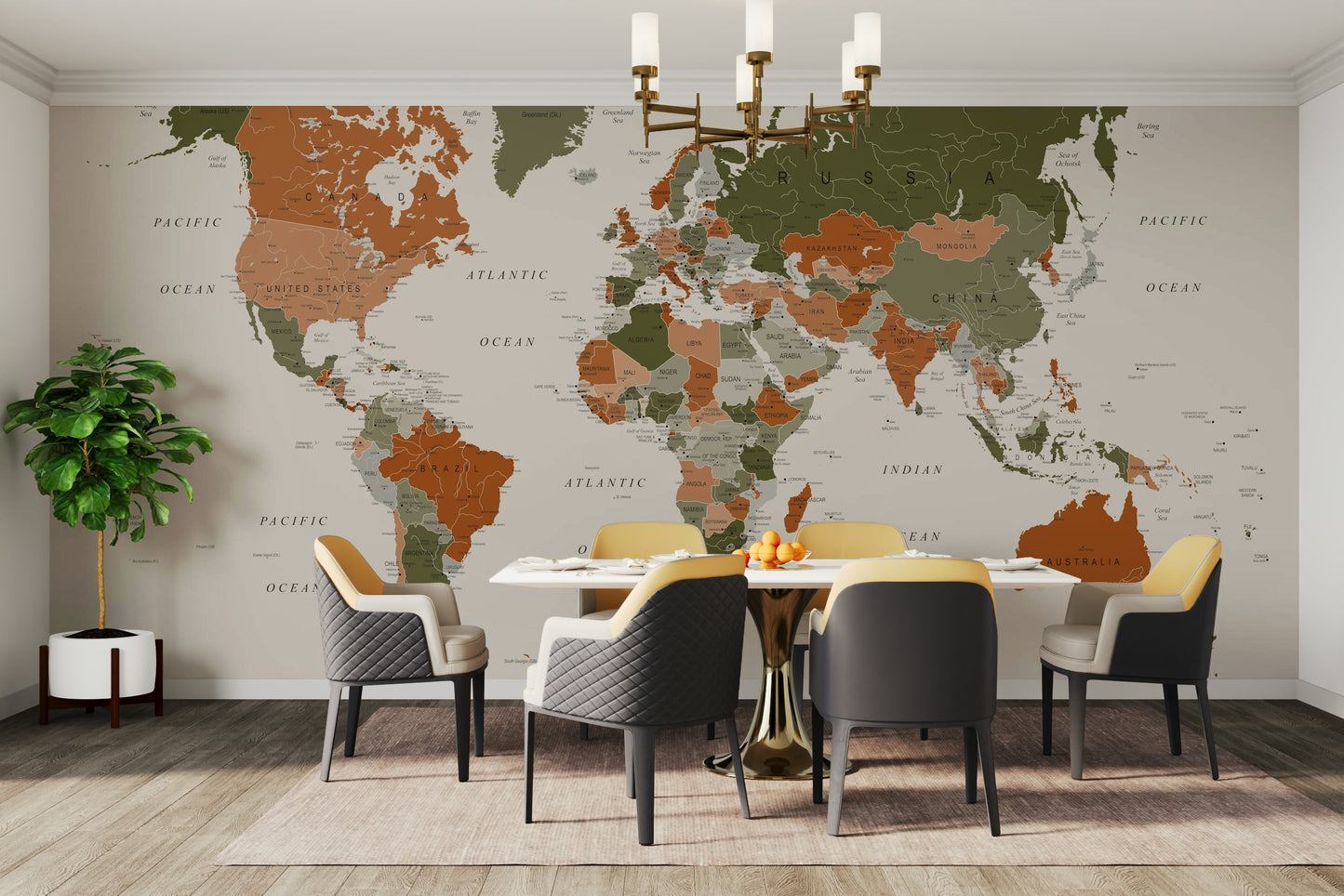 World Map Olive Green Wall Mural