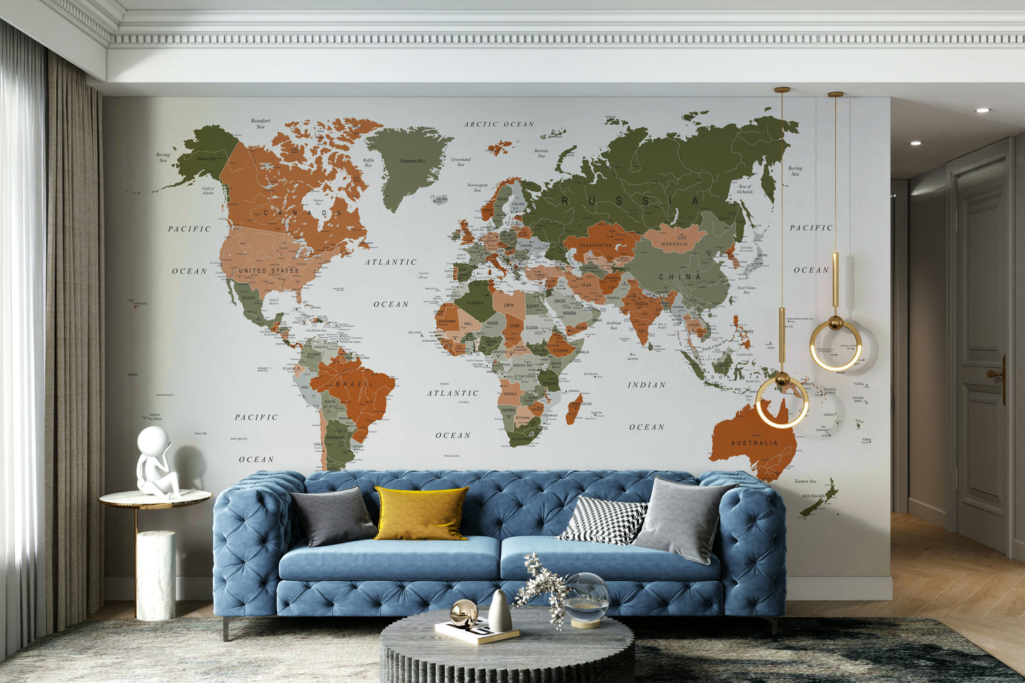 World Map Olive Green Wall Mural