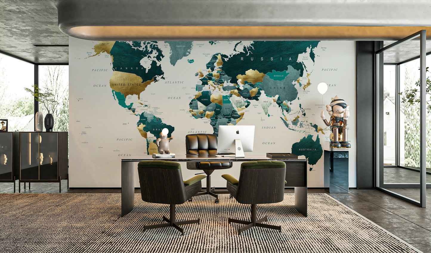 World Map Teal Gold Wall Mural