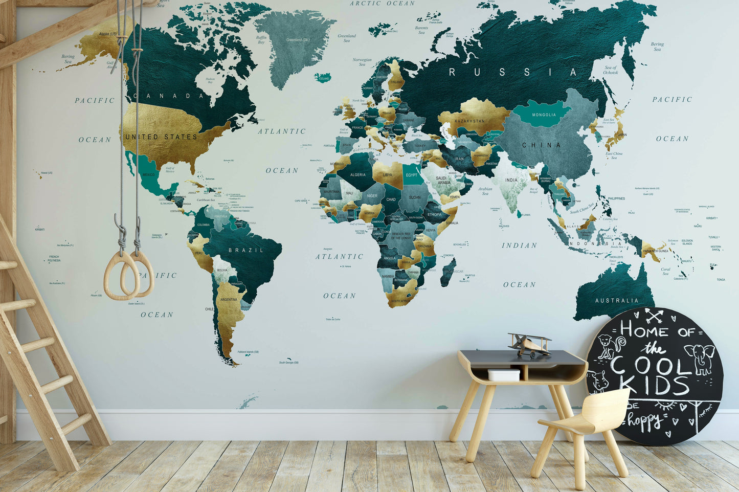 World Map Teal Gold Wall Mural