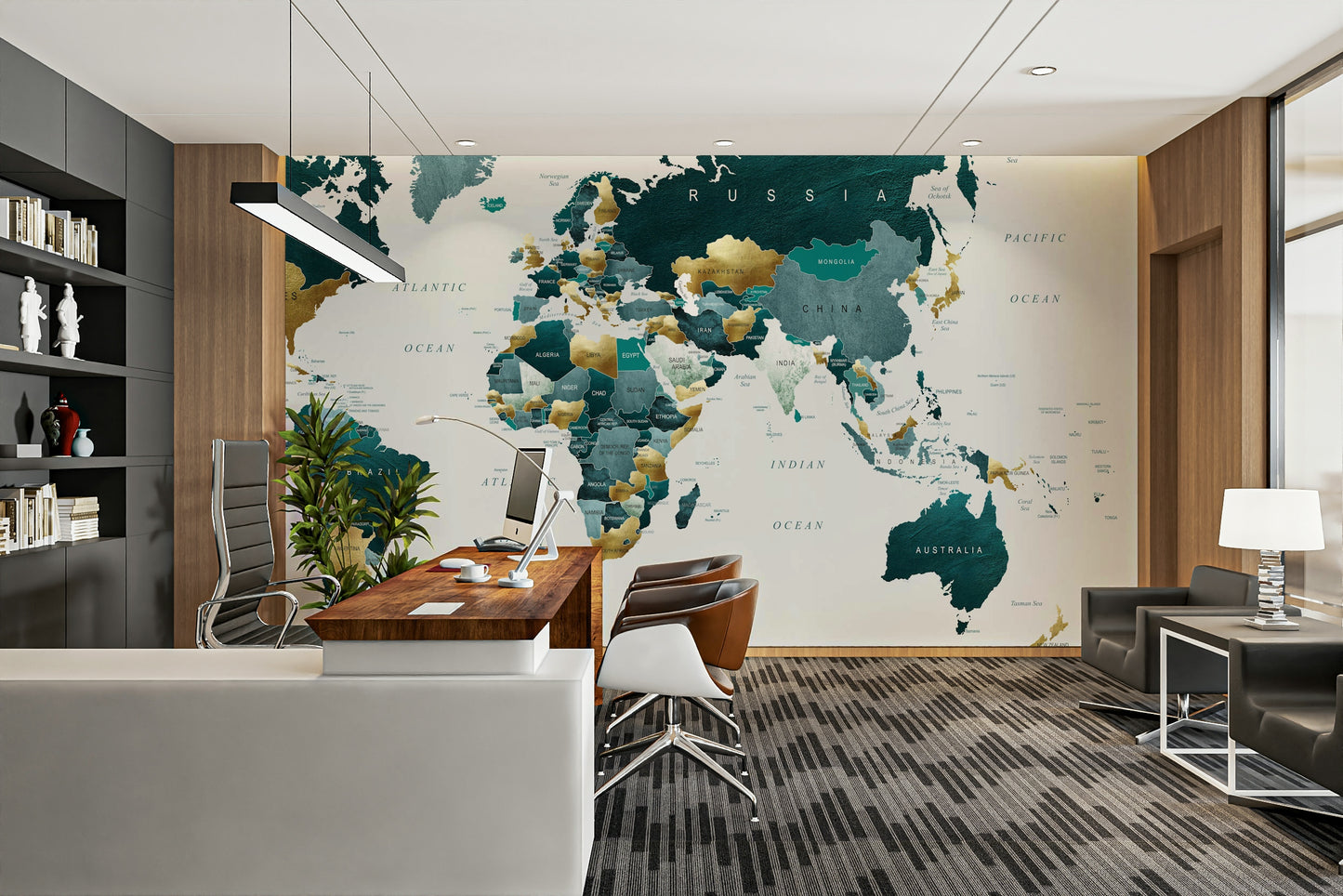 World Map Teal Gold Wall Mural
