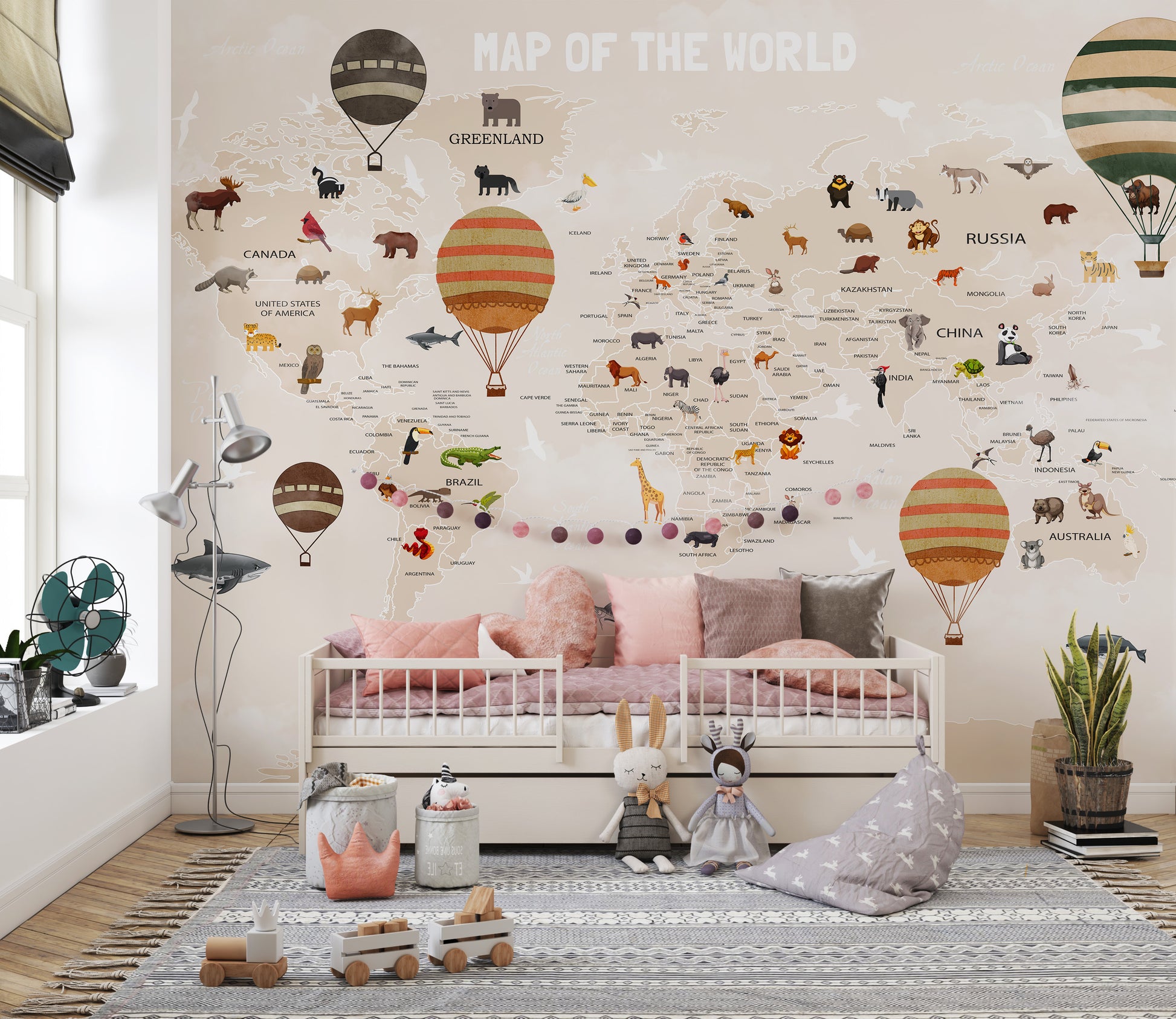 World Map Kids & Nursery wallpaper with balloons above a white daybed with pink bedding in a kids room