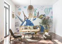 World Tour design with sepia tones on a feature wall in a master bedroom.