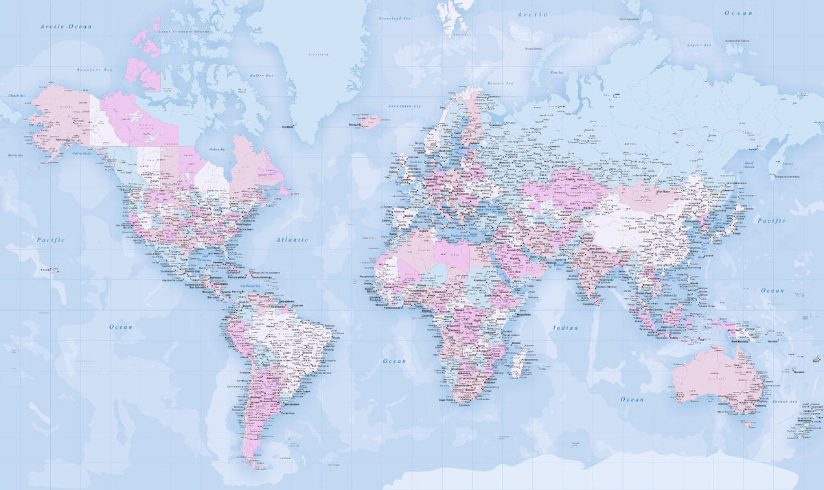 Blue World Map Wallpaper Mural in your room