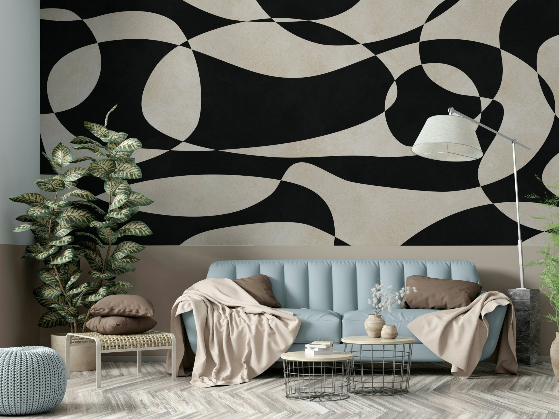 The mural extends across the entire wall, creating a clean backdrop.

