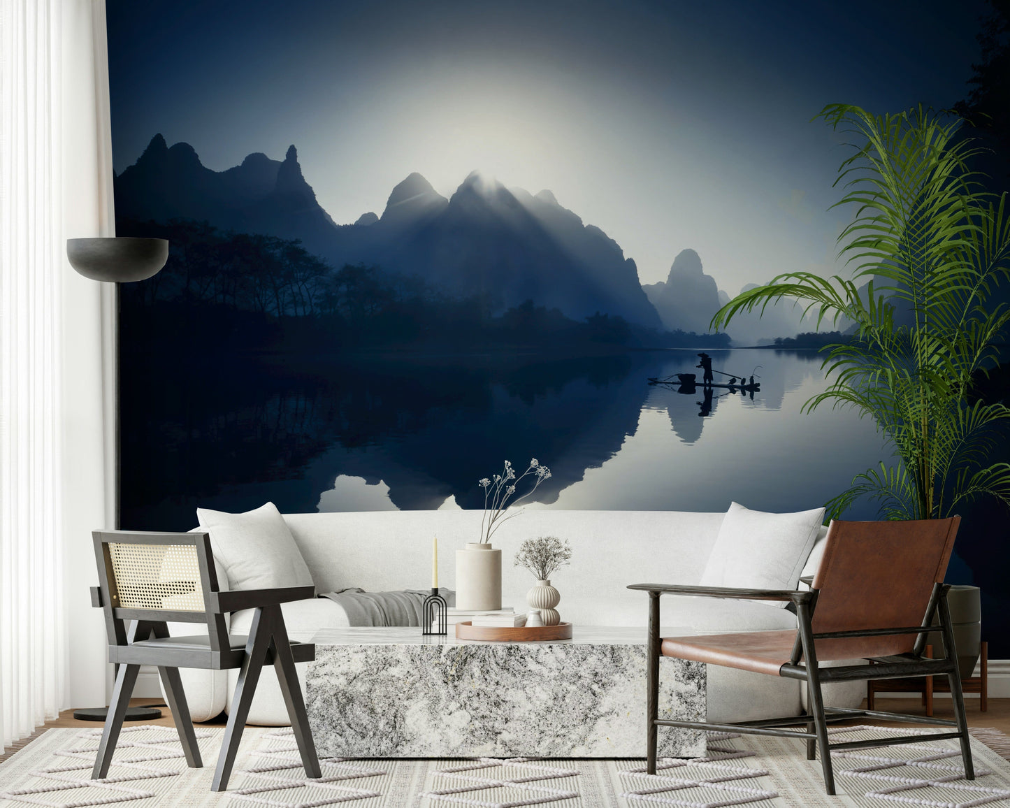 Master bedroom with a misty mountain mural and neutral home décor.