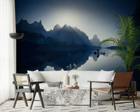 Master bedroom with a misty mountain mural and neutral home décor.