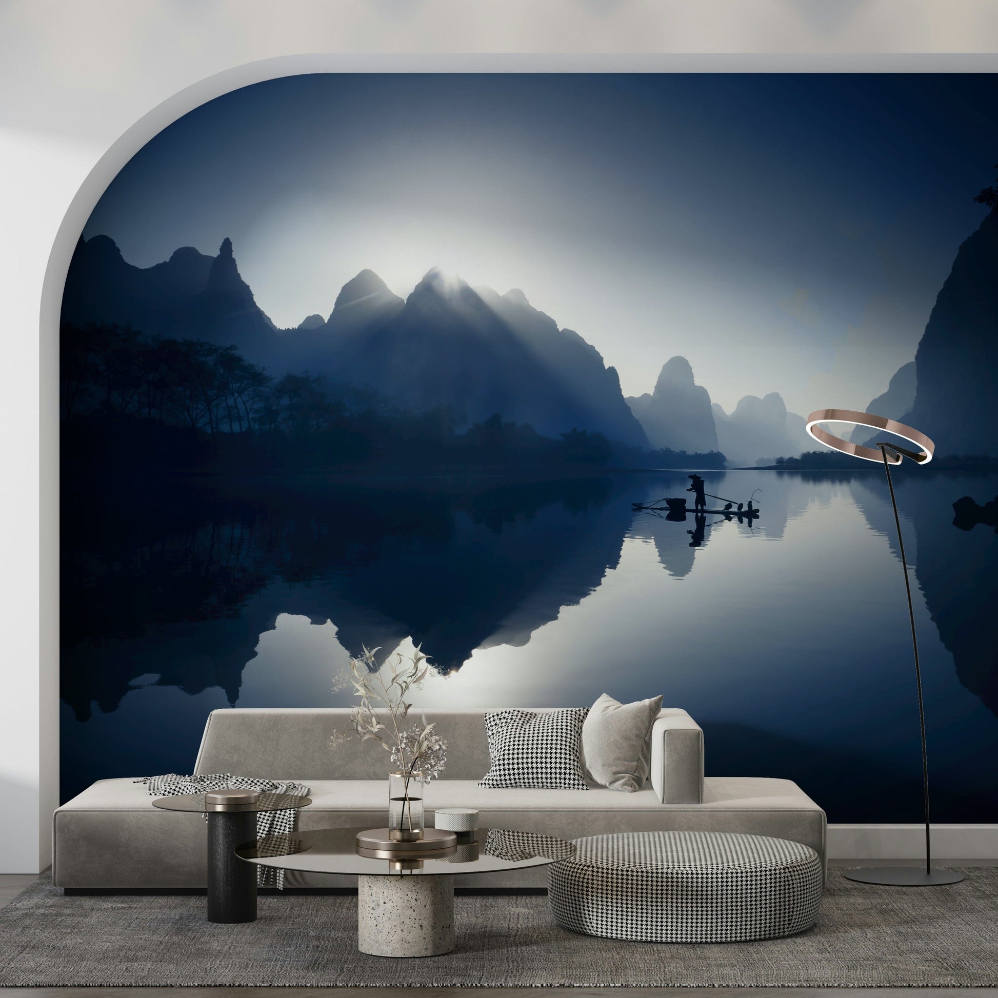 Reading nook backdrop using the Serene Dawn Yangshuo's Whisper Wall Mural.