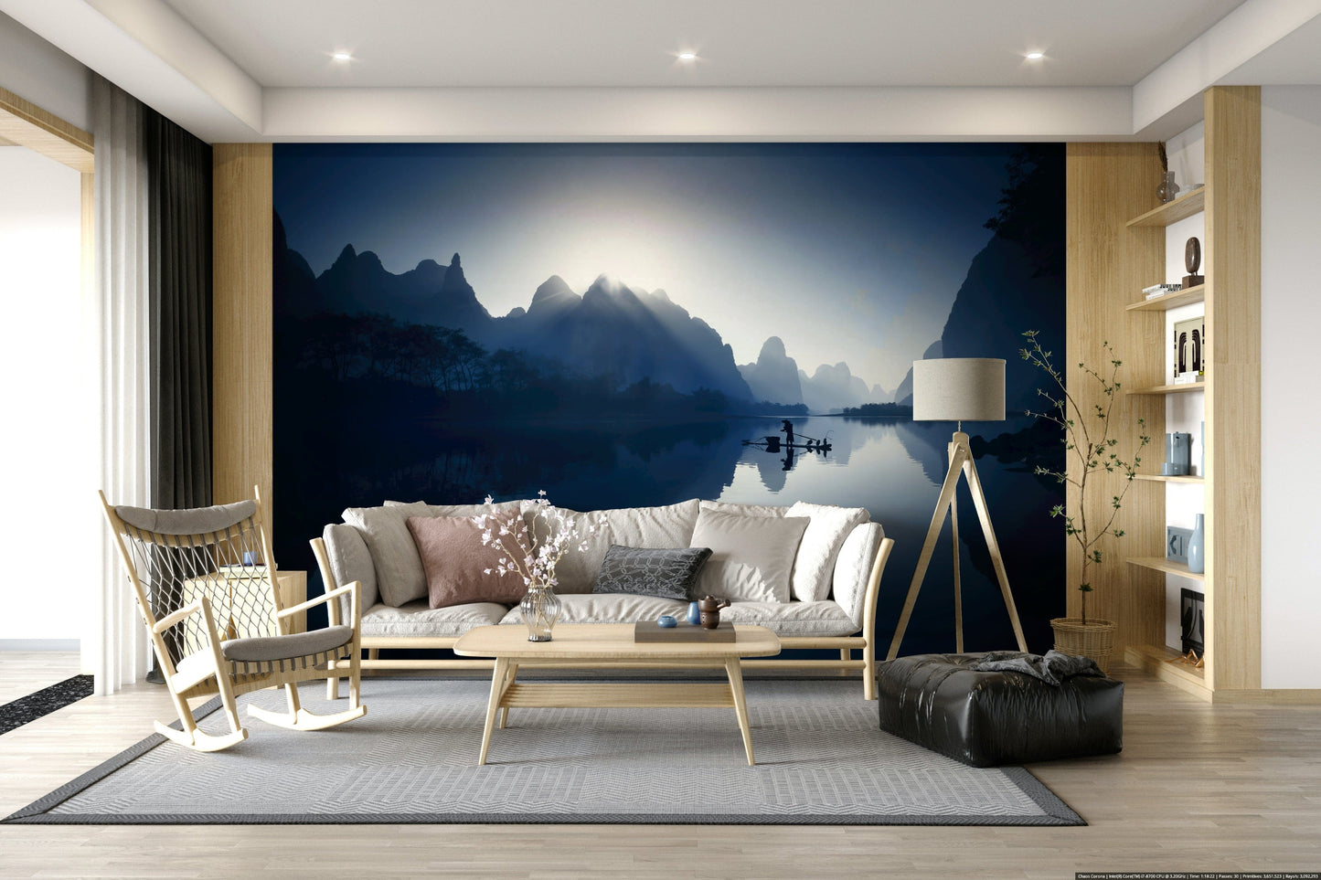 Dining room wall mural with a landscape motif and contemporary lighting.